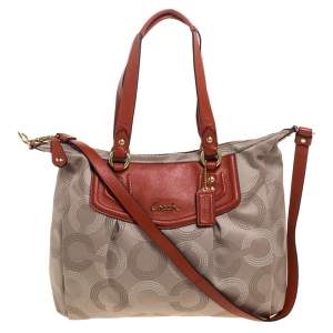 Pre Owned Coach Gold/Brown Signature Fabric and Leather Ashley Shoulder Bag