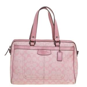 Pre Owned Coach Pink Signature Coated Canvas and Leather Satchel