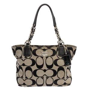 Pre Owned Coach Grey/Black Signature Canvas and Leather Tote