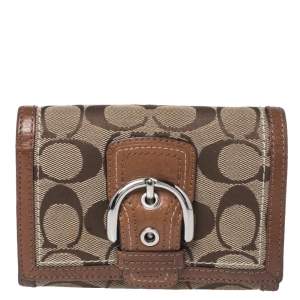 Pre Owned Coach Brown Signature Canvas and Leather Buckle Flap Compact Wallet