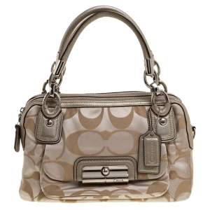 Pre Owned Coach Beige Signature Fabric and Leather Kristin Double Zip Satchel