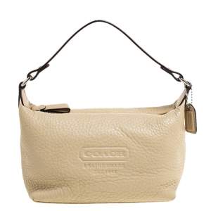 Pre Owned Coach Beige Grained Leather Pochette Bag