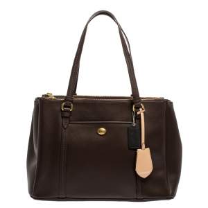 Pre Owned Coach Dark Brown Leather Double Zip Tote