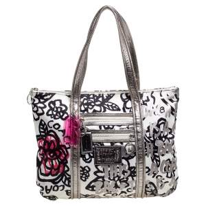 Pre Owned Coach Tri Color Floral Print Satin and Patent Leather Kyra Tote