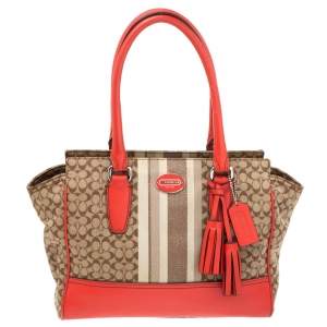 Pre Owned Coach Beige/Orange Signature Canvas and Leather Tote