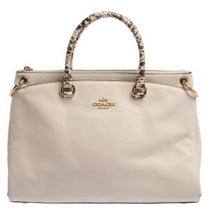 Pre Owned Coach White Leather and Snakeskin Effect Mia Satchel