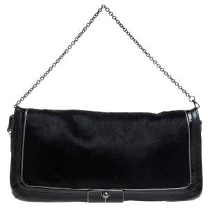 Coach Black Calfhair and Leather Flap Chain Clutch