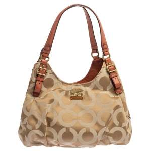 Pre Owned Coach Beige/Orange Op Art Canvas and Leather Madison Maggie Shoulder Bag