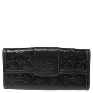 Pre Owned Coach Black Signature Embossed Leather Flap Wallet