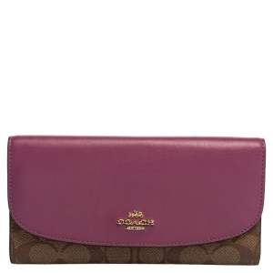 Pre Owned Coach Beige/Magenta Signature Coated Canvas and Leather Continental Wallet