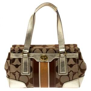 Pre Owned Coach Beige/Gold Canvas and Leather Hampton Tote