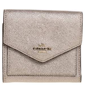 Pre Owned Coach Metallic Rose Gold Leather Colorblock Trifold Wallet 