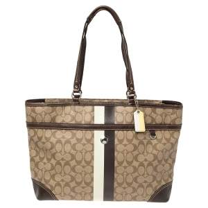 Pre Owned Coach Beige/Brown Signature Coated Canvas and Leather Heritage Stripe Tote