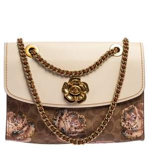 Pre Owned Coach Brown/Beige Prairie Floral Print Signature Coated Canvas and Leather Shoulder Bag