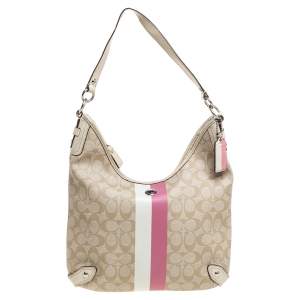 Pre Owned Coach Beige/Cream Signature Coated Canvas and Leather Hobo