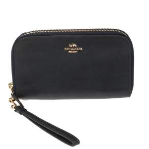 Pre Owned Coach Navy Blue Leather Accordion Double Zip Wristlet Wallet