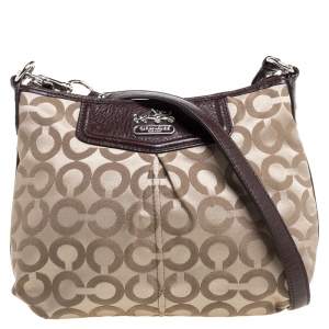 Pre Owned Coach Brown/Beige Signature Canvas and Leather Zip Shoulder Bag