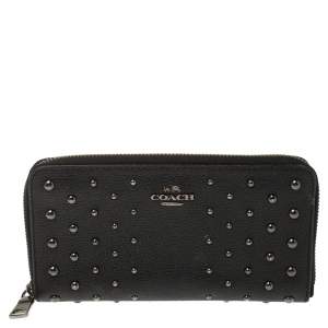 Pre Owned Coach Black Studded Leather Accordion Zip Around Wallet