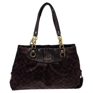 Pre Owned Coach Dark Brown Shimmer Signature Canvas and Leather Ashley Tote