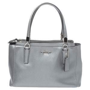 Pre Owned Coach Metallic Grey Leather Mini Christie Double Zip Tote