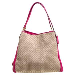 Pre Owned Coach Beige/Magenta Canvas and Leather Edie Shoulder Bag