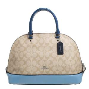 Pre Owned Coach Beige/Blue Signature Coated Canvas And Leather Sierra Satchel