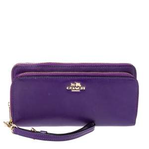 Pre Owned Coach Purple Leather Zip Around Wallet