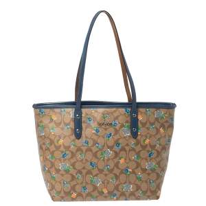 Pre Owned  Coach Blue/Beige Floral Print Signature Coated Canvas and Leather City Zip Tote
