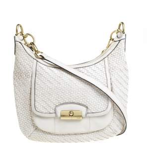 Pre Owned Coach White Woven Leather Kristin Hobo