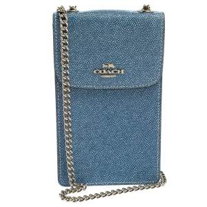 Pre Owned Coach Blue Textured Leather Crossbody Phone Pouch