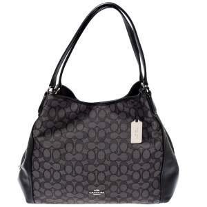 Pre Owned Coach Grey/Black Signature Coated Canvas and Leather Shoulder Bag