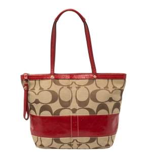 Pre Owned Coach Beige/Red  Signature Canvas And  Patent Leather Zipped Tote