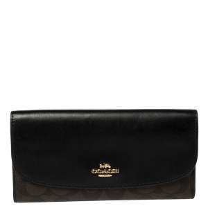 Pre Owned Coach Brown/Black Signature Coated Canvas and Leather Continental Wallet