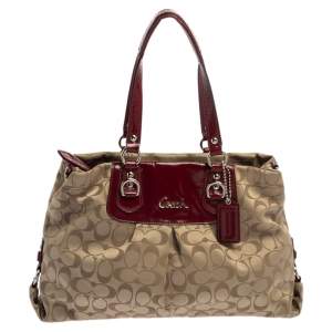 Pre Owned Coach Beige/Maroon Canvas and Patent Leather Ashley Satchel