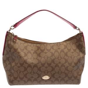 Pre Owned Coach Beige/Fuchsia Signature Coated Canvas and Leather Shoulder Bag