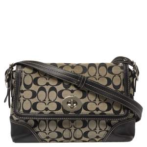 Pre Owned Coach Black/White Signature Canvas and Leather Hampton Shoulder Bag 