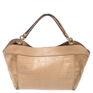 Coach Beige Suede, Croc and Python Embossed Leather Small Lexy Shoulder Bag