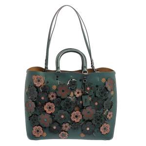 Pre Owned Coach Dark Green Floral Appliqué Leather Rogue Tote