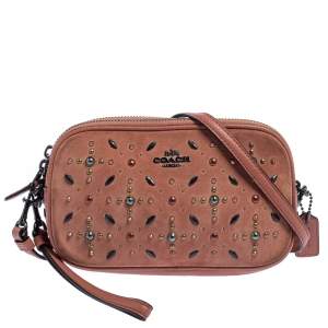 Pre Owned Coach Coral Orange Leather and Suede Rivets Saddie Crossbody Bag