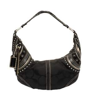Pre Owned Coach Black Signature Canvas and Leather Soho Studded Hobo
