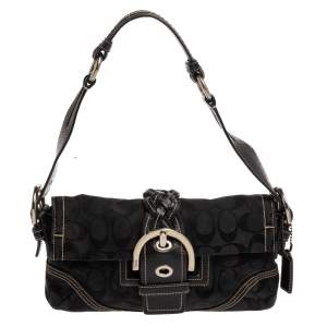 Pre Owned Coach Black Canvas and Leather Signature Buckle Shoulder Bag