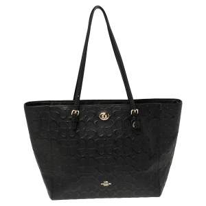 Pre Owned Coach Black Signature Embossed Leather Turnlock Tote