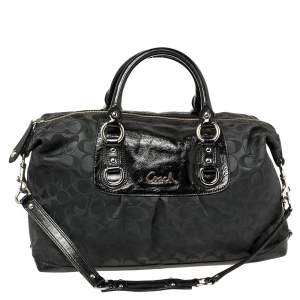 Pre Owned Coach Black Signature Canvas and Glazed Leather Ashley Satchel