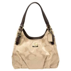 Pre Owned Coach Beige/Brown Signature Canvas and Leather Madison Maggie Hobo