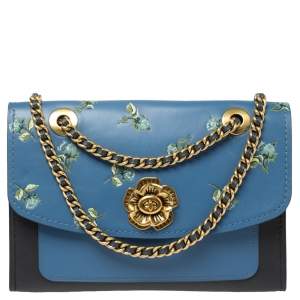 Pre Owned Coach Blue/Black Floral Print Leather Parker Shoulder Bag