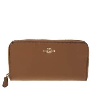 Pre Owned Coach Tan Leather Zip Around Continental Wallet