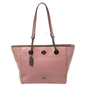 Pre Owned Coach Old Rose Pebbled Leather Turn Lock Chain Tote