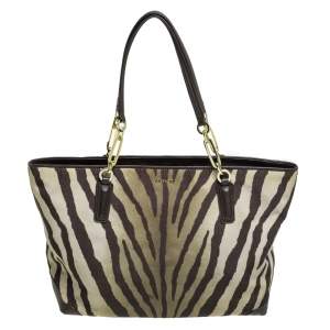 Pre Owned Coach Green/Brown Zebra Print Canvas and Leather Madison Tote