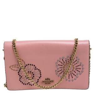 Pre Owned Coach Pink Studded Leather Flap Crossbody Bag
