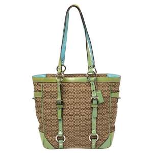 Coach Brown Signature Canvas and Green Patent Leather Tote